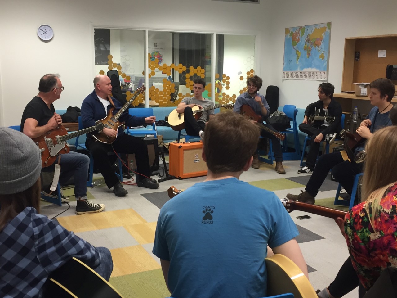 thumbnail_Electric guitar students workshop 2016 l-r Adrian Utley Adrian Lee Falmouth University students